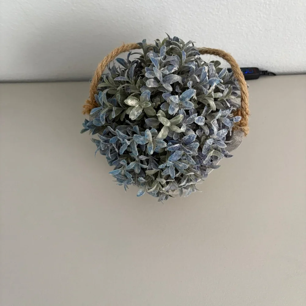 Faux Frosted Greenery Plant in Rustic Gray Pot with Jute Rope Handle Farmhouse